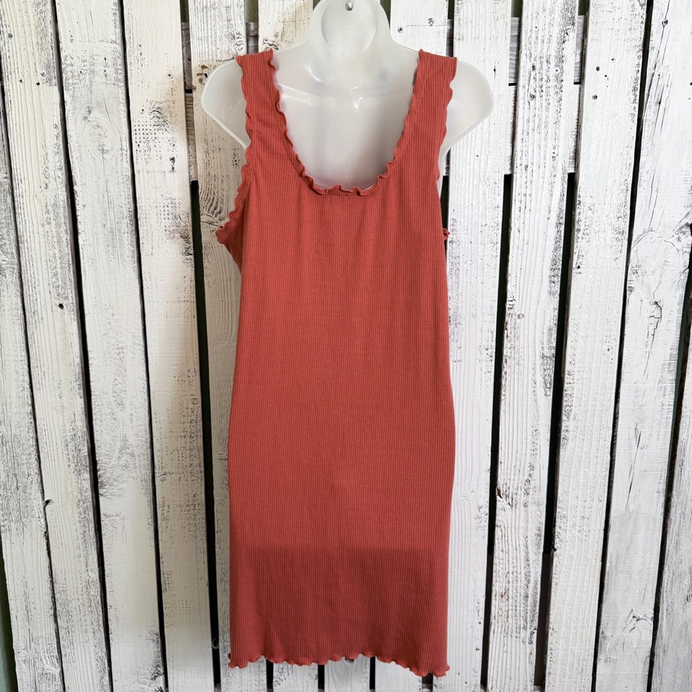 No Boundaries Ribbed Tank Dress Jr Size XL Coral Pink Above Knee Ruffled Trim - Picture 8 of 11